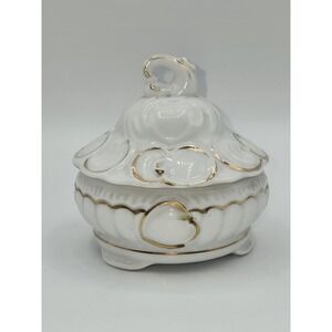 Irice Import Japan White Porcelain Trinket Box Gold Scroll Vanity Box 3.5"